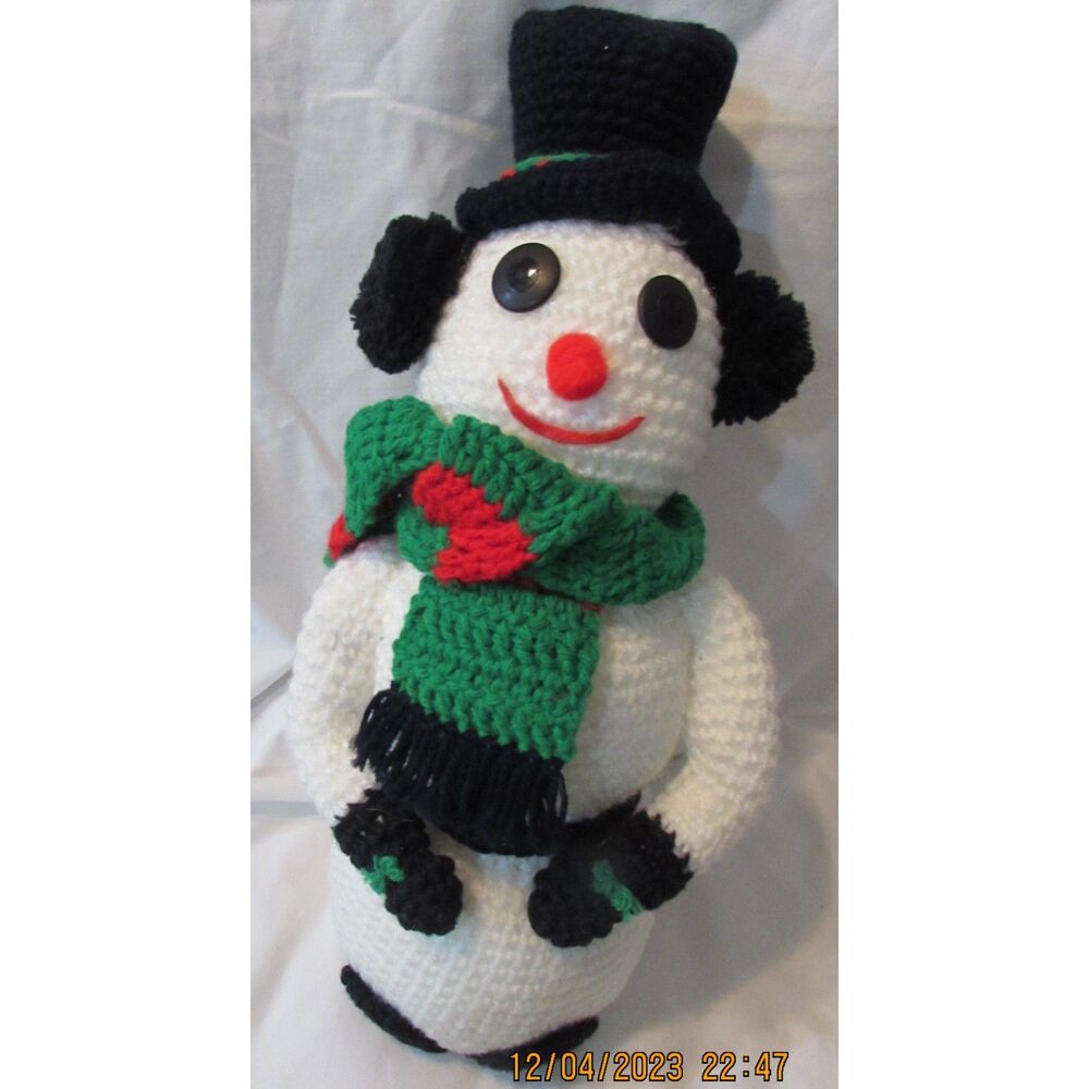 Vintage handmade crocheted snowman black top hat red, green scarf 17"